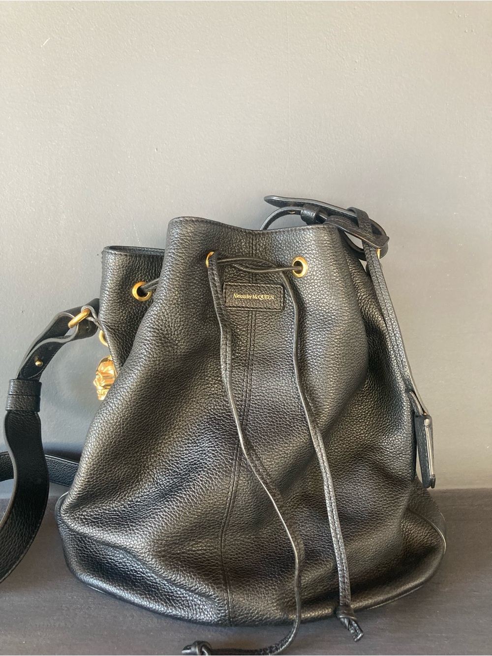 Alexander McQueen Black Pebbled Leather Drawstring Shoulder Bag